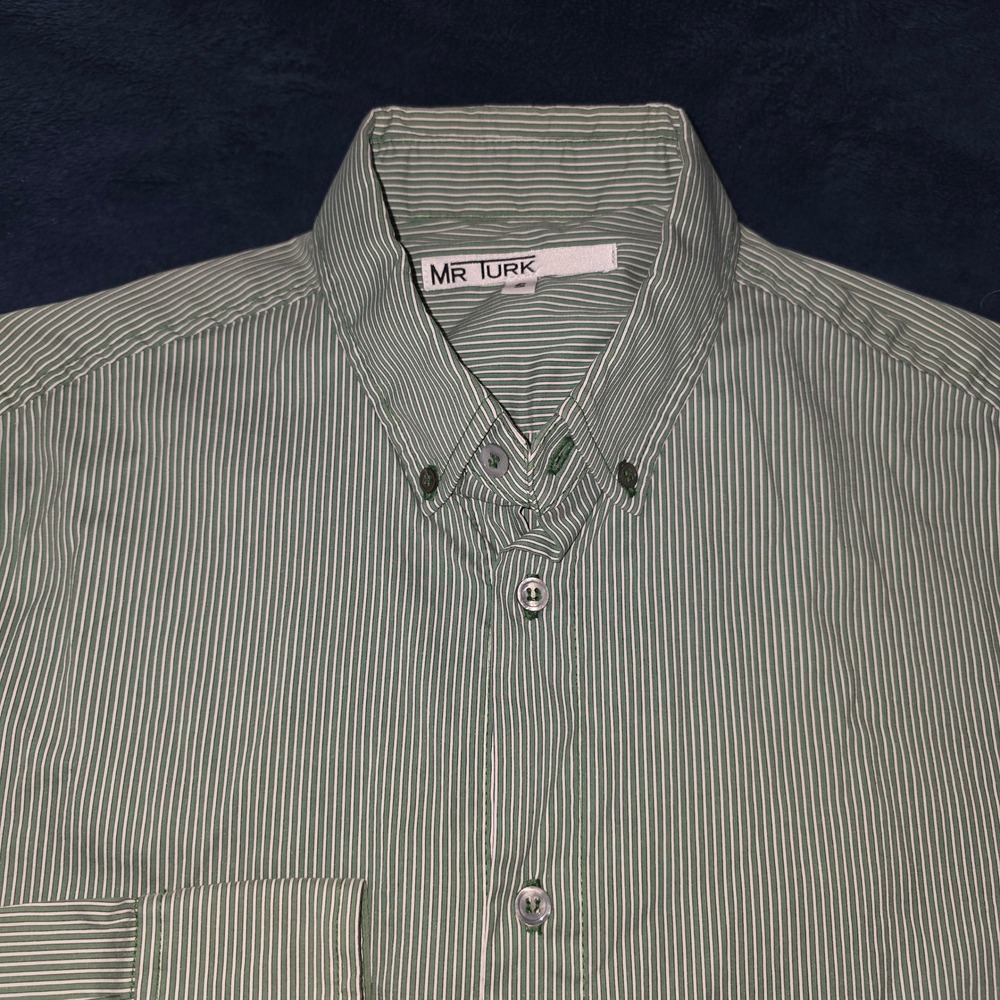 Mr Turk Mens Green White Striped Button Down Dress Shirt Size Small USA Made